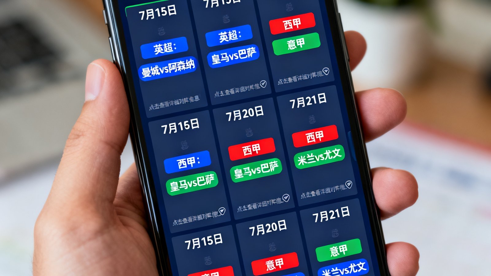 看球吧赛程日历页面截图，以网格形式展示7月第三周每日重点赛事安排，不同联赛用不同颜色标签区分，用户可点击日期查看详细对阵信息。